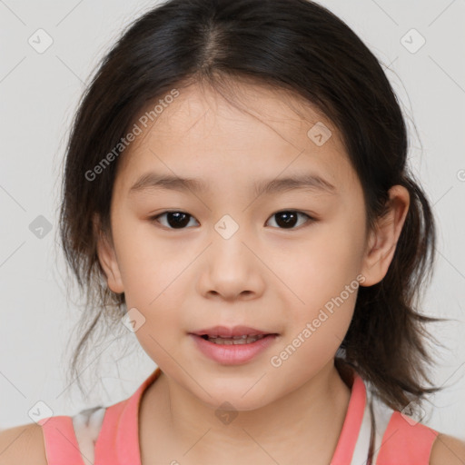 Joyful white child female with medium  brown hair and brown eyes