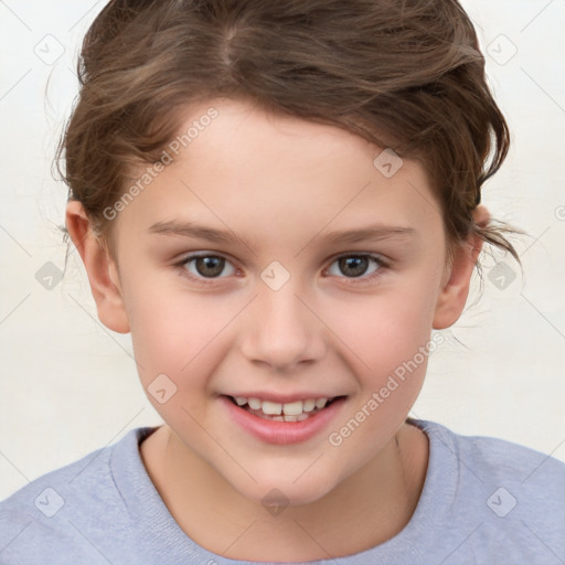 Joyful white child female with medium  brown hair and brown eyes