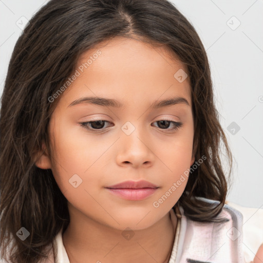 Joyful white child female with medium  brown hair and brown eyes