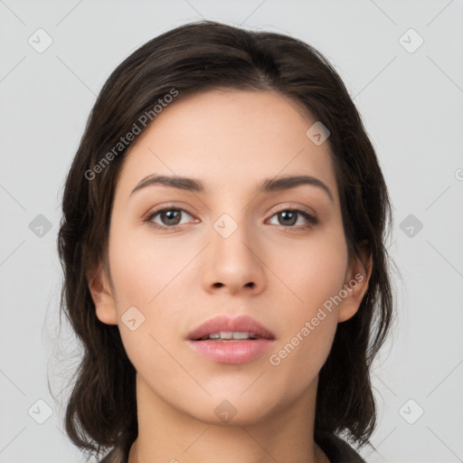 Neutral white young-adult female with medium  brown hair and brown eyes