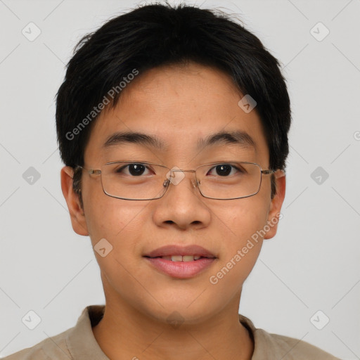 Joyful asian young-adult male with short  brown hair and brown eyes