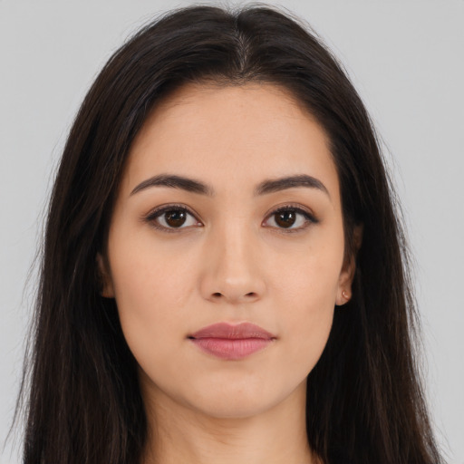 Neutral asian young-adult female with long  brown hair and brown eyes