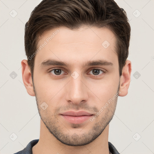 Neutral white young-adult male with short  brown hair and brown eyes