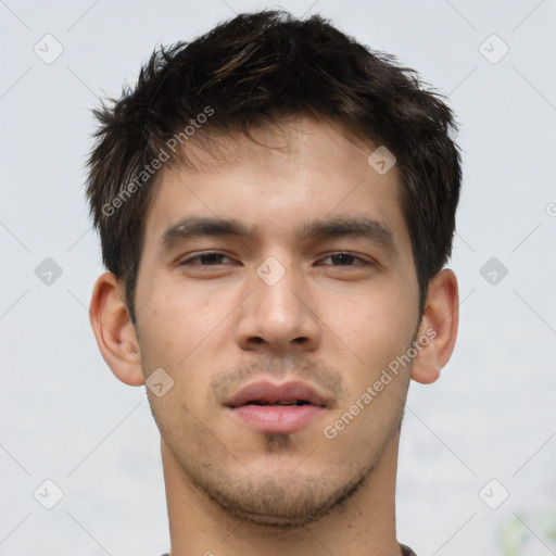 Neutral white young-adult male with short  brown hair and brown eyes