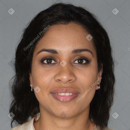 Joyful black young-adult female with medium  brown hair and brown eyes