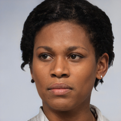 Neutral black young-adult female with short  brown hair and brown eyes