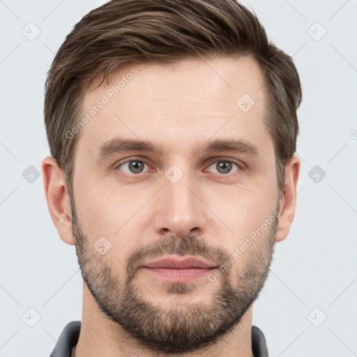 Neutral white young-adult male with short  brown hair and grey eyes