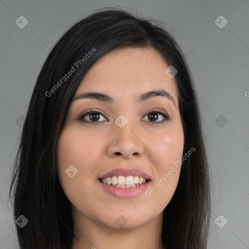 Joyful asian young-adult female with long  brown hair and brown eyes