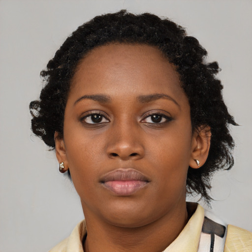 Neutral black young-adult female with medium  brown hair and brown eyes
