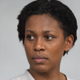 Neutral black young-adult female with short  black hair and brown eyes