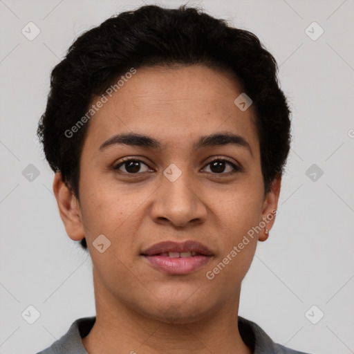 Joyful latino young-adult female with short  brown hair and brown eyes