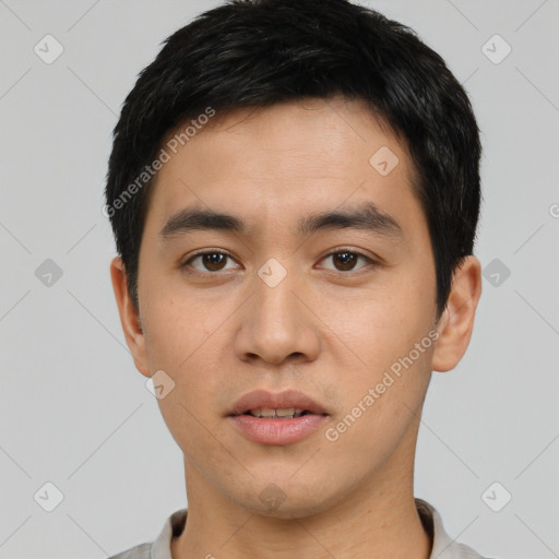 Neutral asian young-adult male with short  black hair and brown eyes