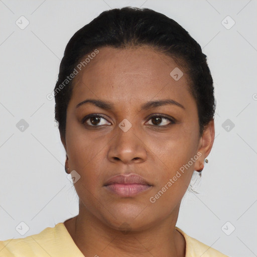 Neutral asian young-adult female with short  black hair and brown eyes