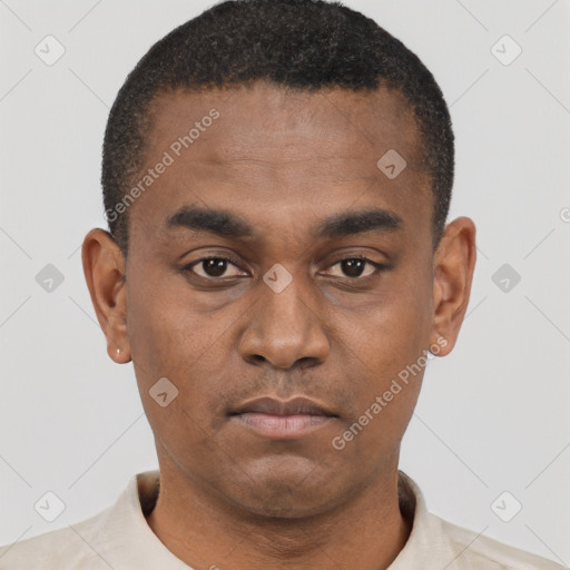 Neutral black young-adult male with short  black hair and brown eyes