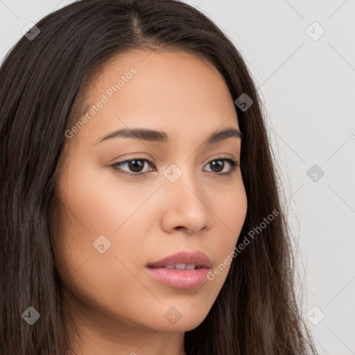 Neutral white young-adult female with long  brown hair and brown eyes