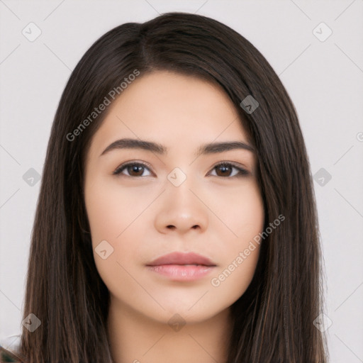 Neutral white young-adult female with long  brown hair and brown eyes