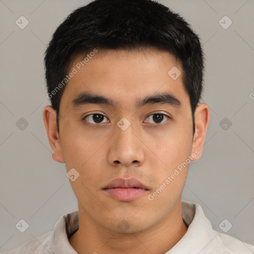 Neutral asian young-adult male with short  brown hair and brown eyes