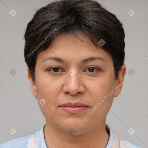 Joyful white adult female with short  brown hair and brown eyes