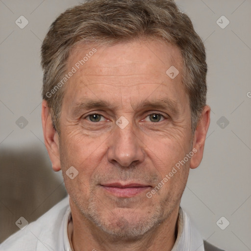 Joyful white middle-aged male with short  brown hair and brown eyes