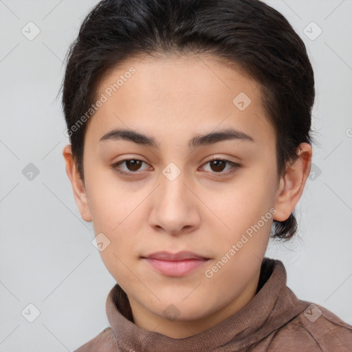 Neutral white young-adult female with short  brown hair and brown eyes