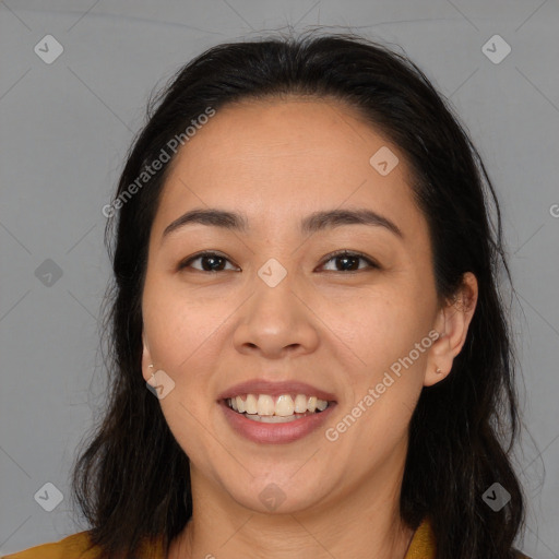 Joyful white young-adult female with long  brown hair and brown eyes