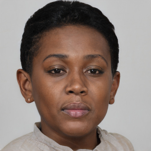 Neutral black young-adult female with short  brown hair and brown eyes