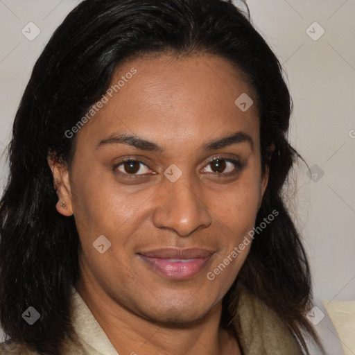 Joyful latino young-adult female with medium  brown hair and brown eyes