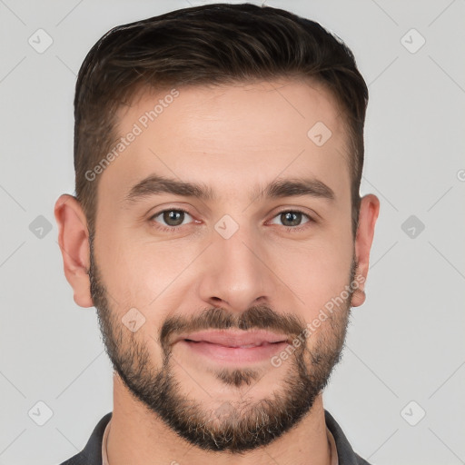 Joyful white young-adult male with short  brown hair and brown eyes