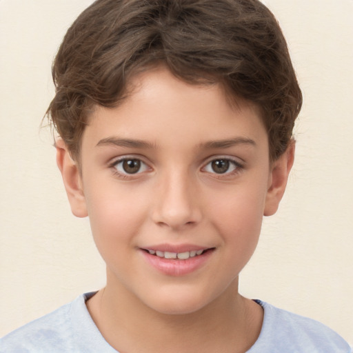 Joyful white child female with short  brown hair and brown eyes