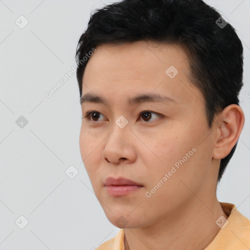 Neutral asian young-adult male with short  black hair and brown eyes