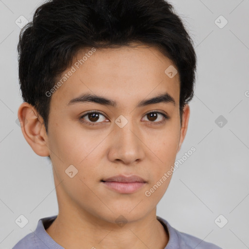 Neutral latino young-adult male with short  brown hair and brown eyes