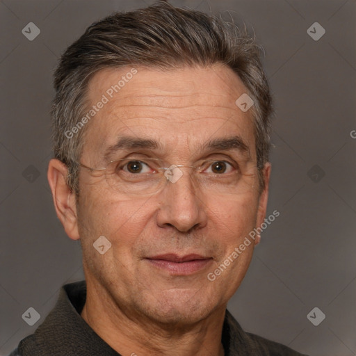 Neutral white middle-aged male with short  brown hair and brown eyes