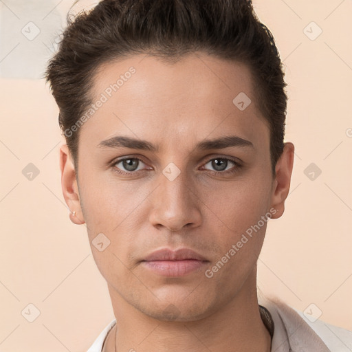 Neutral white young-adult male with short  brown hair and brown eyes