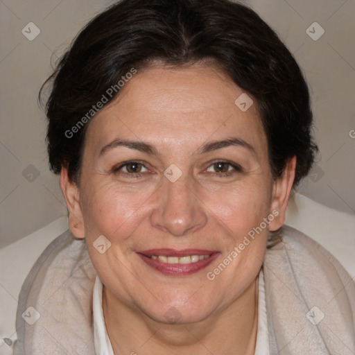 Joyful white adult female with short  brown hair and brown eyes