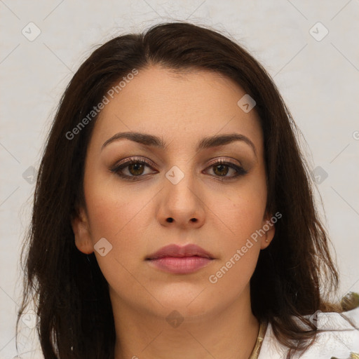 Neutral white young-adult female with medium  brown hair and brown eyes