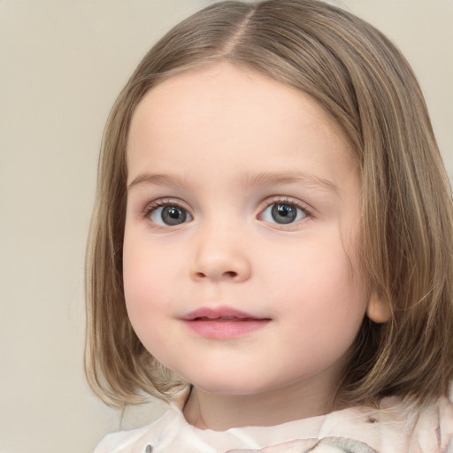 Neutral white child female with medium  brown hair and blue eyes