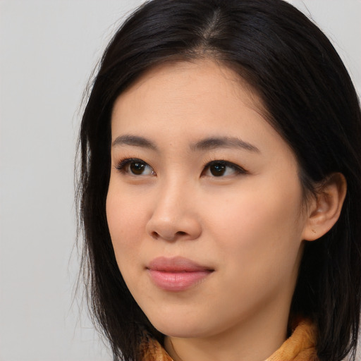 Neutral asian young-adult female with long  brown hair and brown eyes