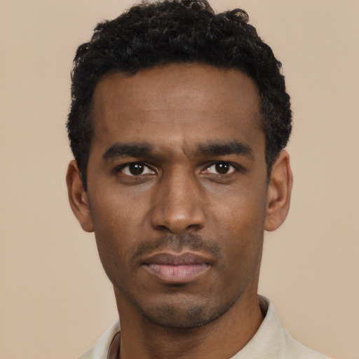 Neutral black young-adult male with short  black hair and brown eyes