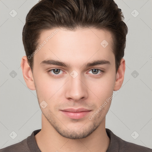 Neutral white young-adult male with short  brown hair and brown eyes