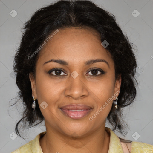 Joyful black adult female with medium  brown hair and brown eyes