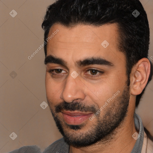 Joyful white young-adult male with short  black hair and brown eyes