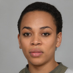 Neutral black young-adult female with short  black hair and brown eyes