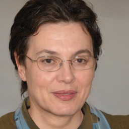 Joyful white adult female with medium  brown hair and blue eyes