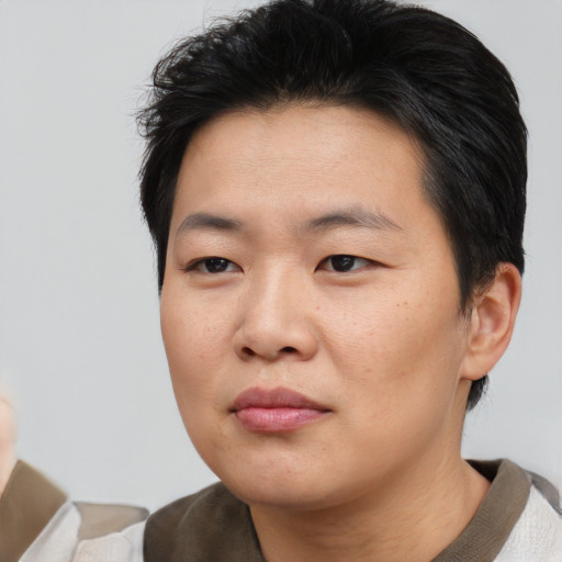 Neutral asian young-adult male with short  brown hair and brown eyes