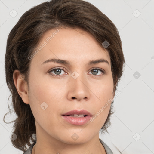 Neutral white young-adult female with medium  brown hair and grey eyes