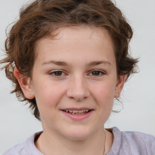 Joyful white child female with medium  brown hair and brown eyes