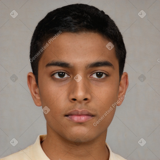 Neutral latino young-adult male with short  brown hair and brown eyes