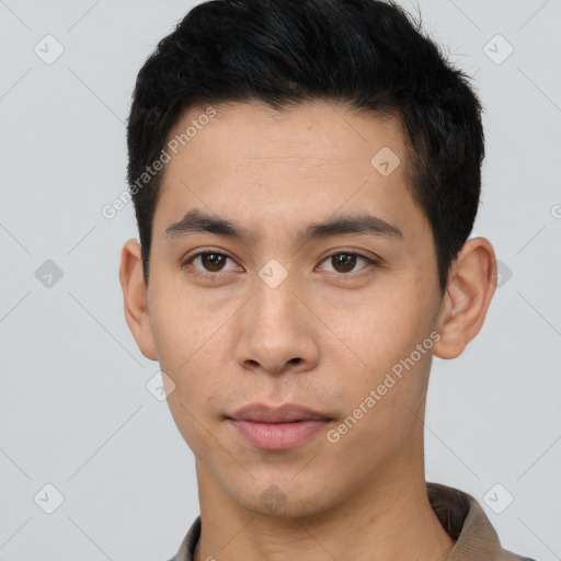 Neutral asian young-adult male with short  black hair and brown eyes