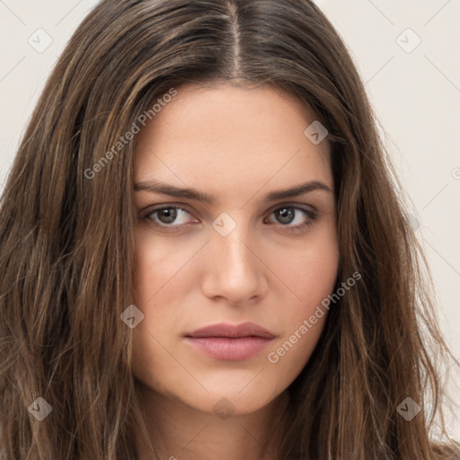 Neutral white young-adult female with long  brown hair and brown eyes