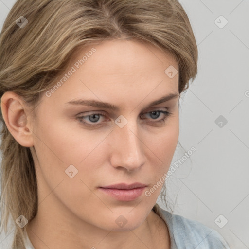 Neutral white young-adult female with medium  brown hair and grey eyes